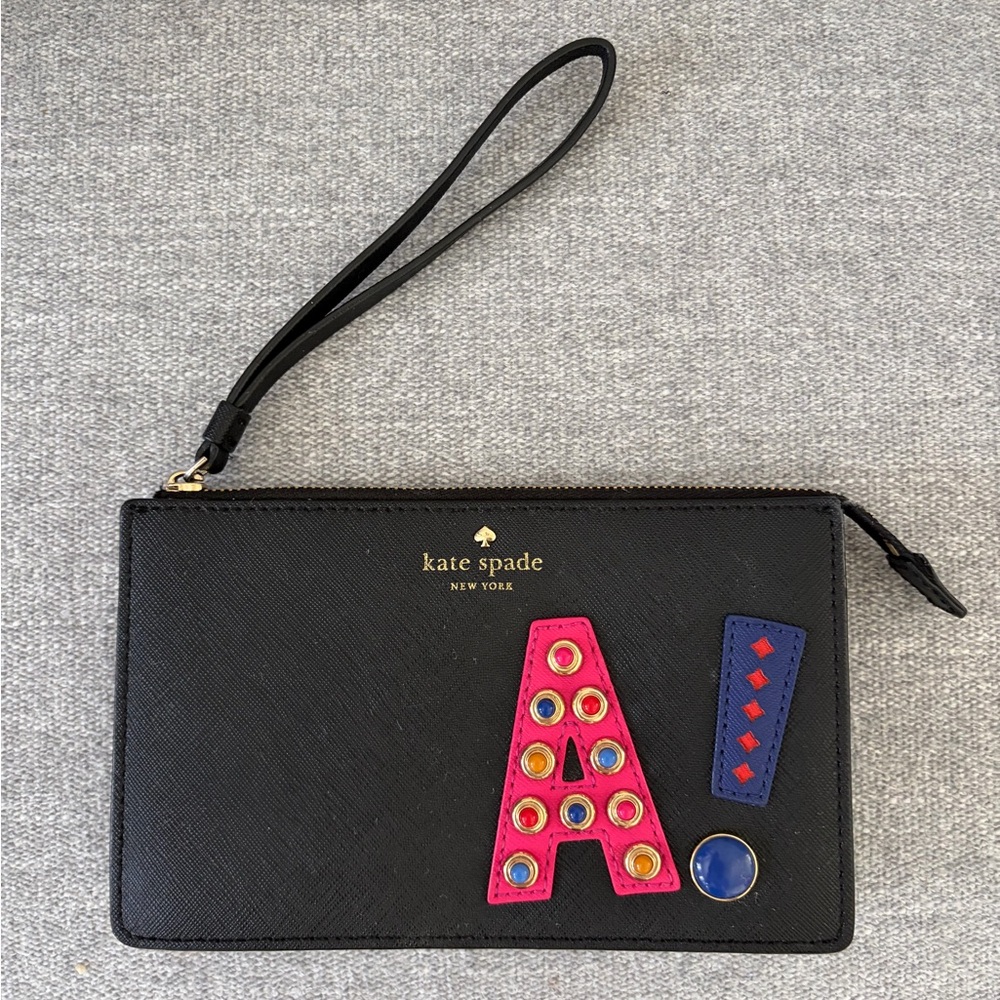 kate spade Black Wristlet with Pink 'A' Appliqué and Blue Accents